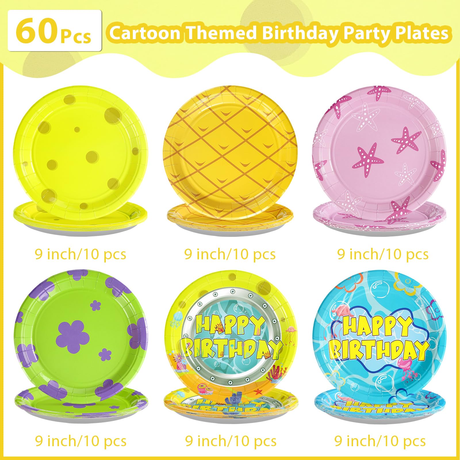 60 Pcs Yellow Cartoon Birthday Party Plates - Grencian