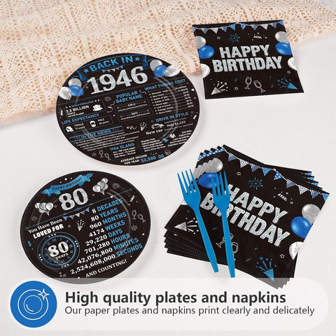 80th birthday back in 1946 black blue plates and napkins set 96 pieces