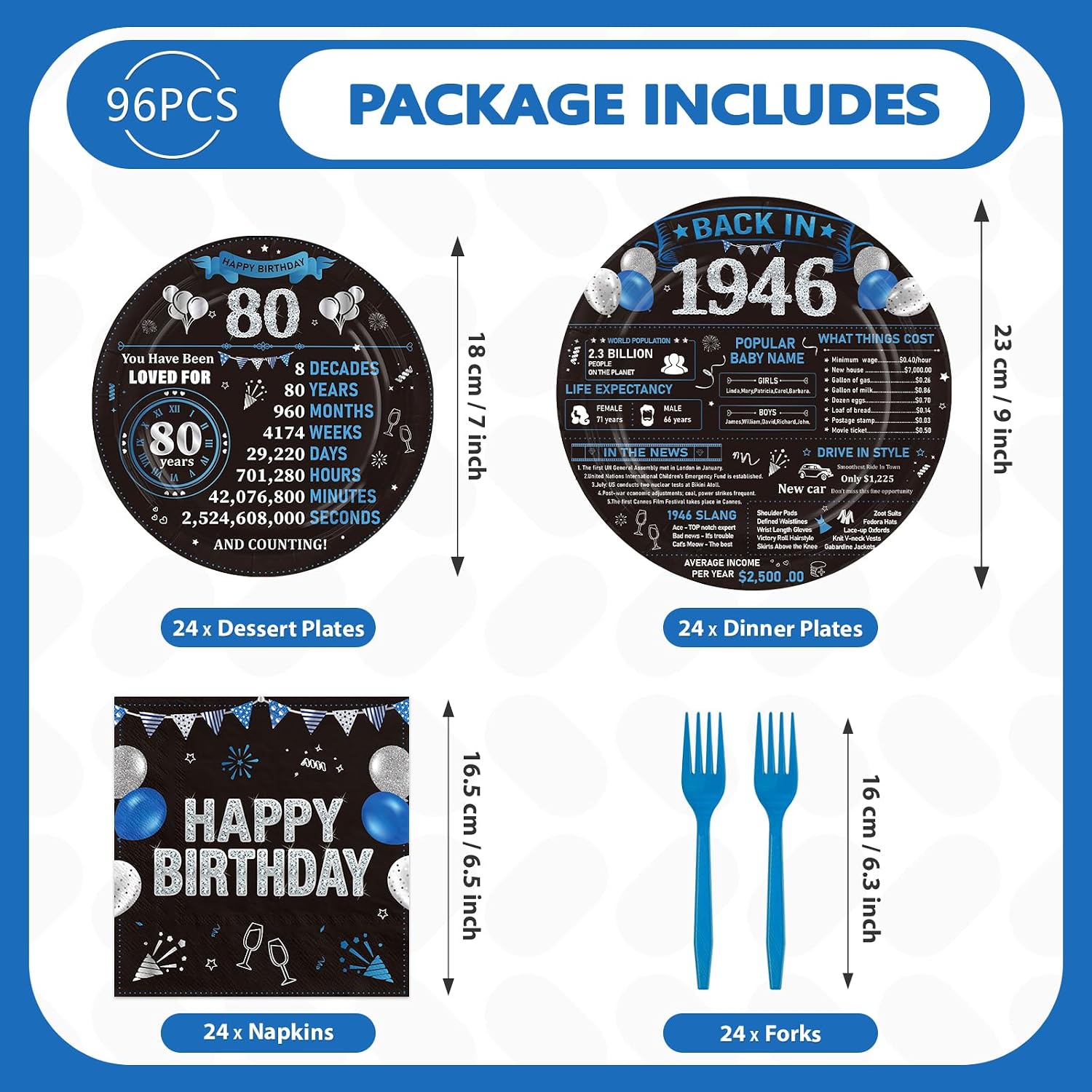80th birthday back in 1946 black blue plates and napkins set 96 pieces