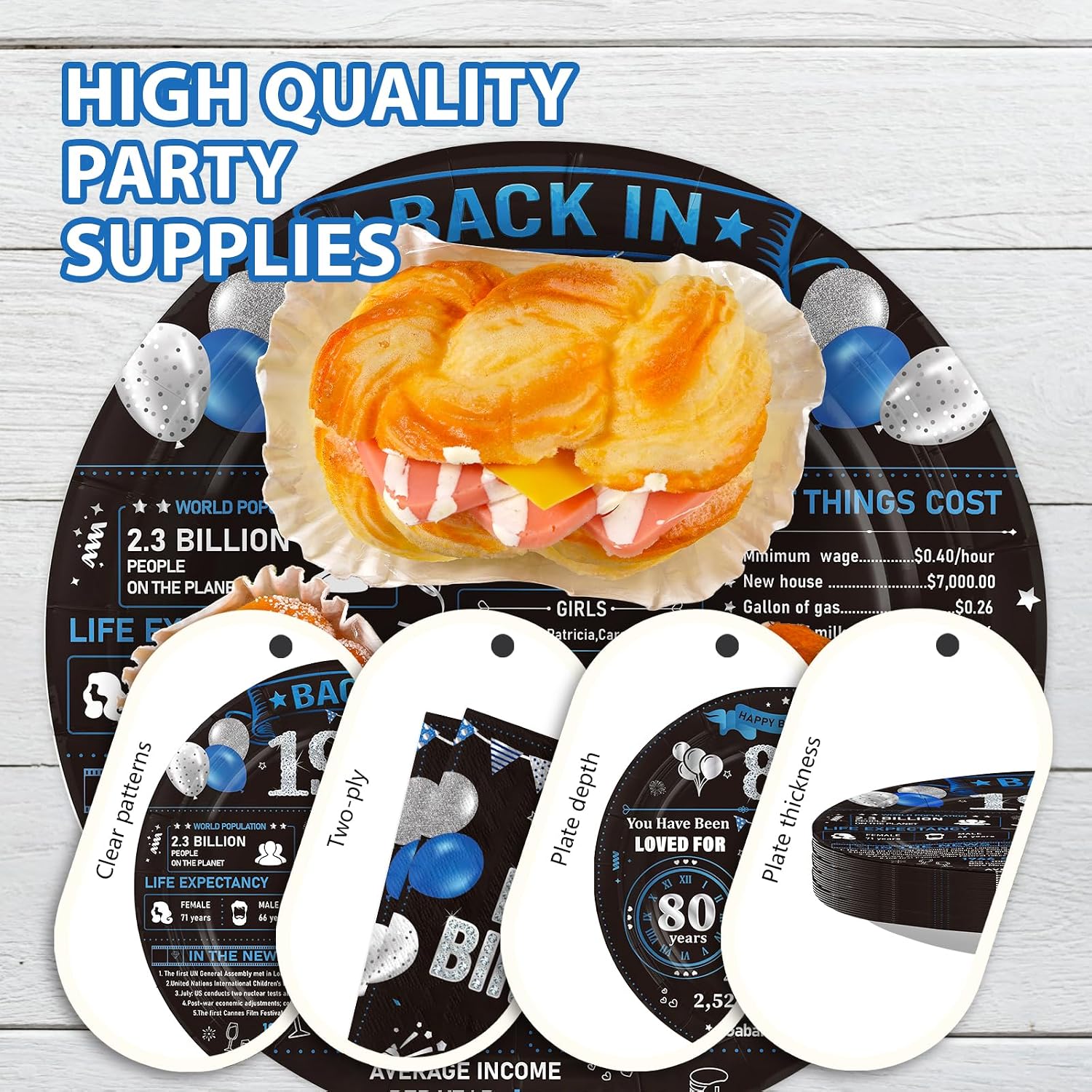 80th birthday back in 1946 black blue plates and napkins set 96 pieces