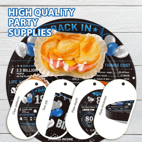 80th birthday back in 1946 black blue plates and napkins set 96 pieces