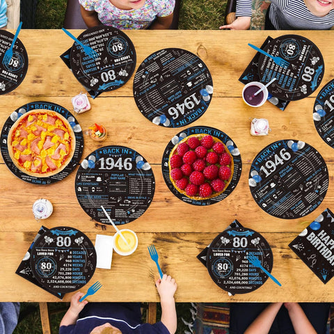 80th birthday back in 1946 black blue plates and napkins set 96 pieces