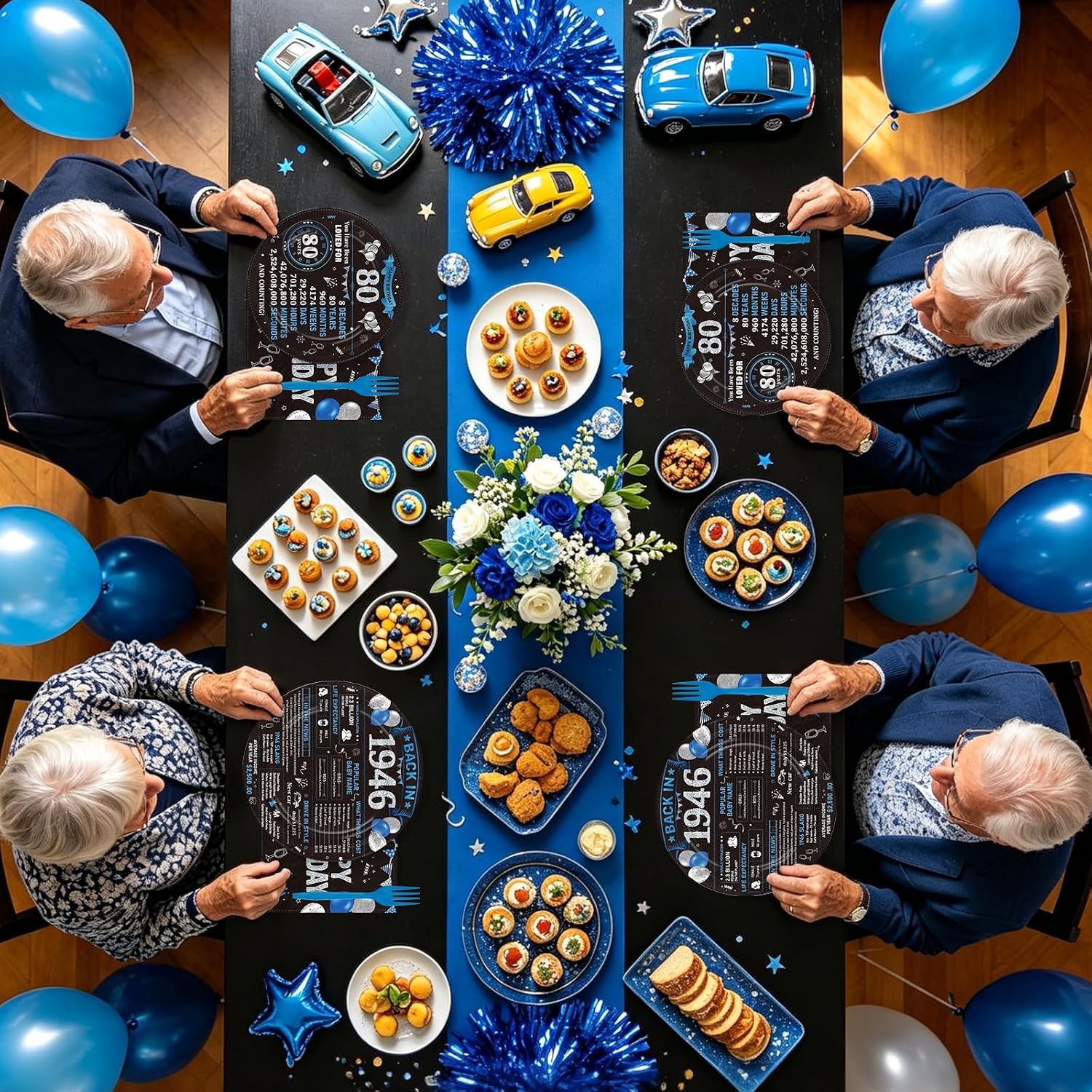80th birthday back in 1946 black blue plates and napkins set 96 pieces