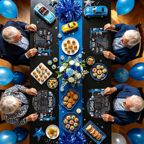 80th birthday back in 1946 black blue plates and napkins set 96 pieces