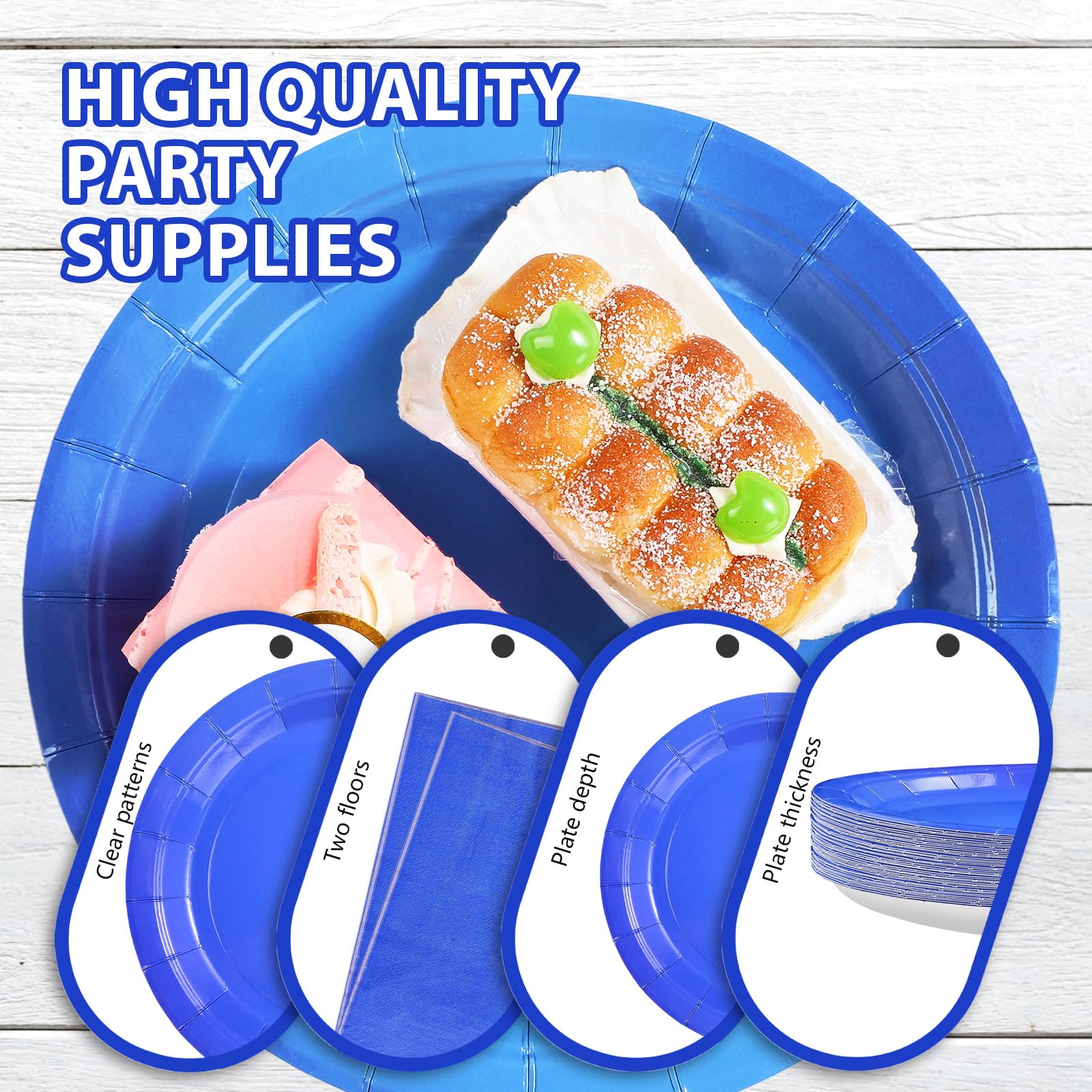 200 Pcs Solid Blue Party Plates and Napkins - Grencian