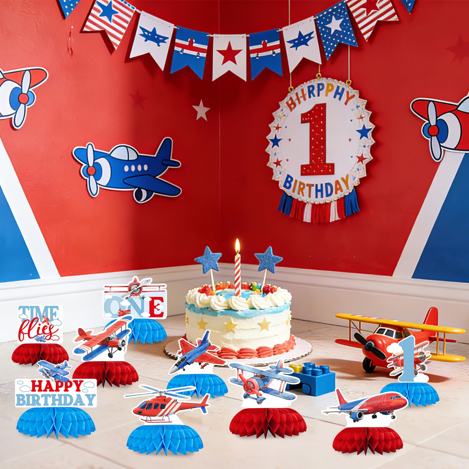 9 Pcs Airplane 1st Birthday Honeycomb Centerpieces - Grencian