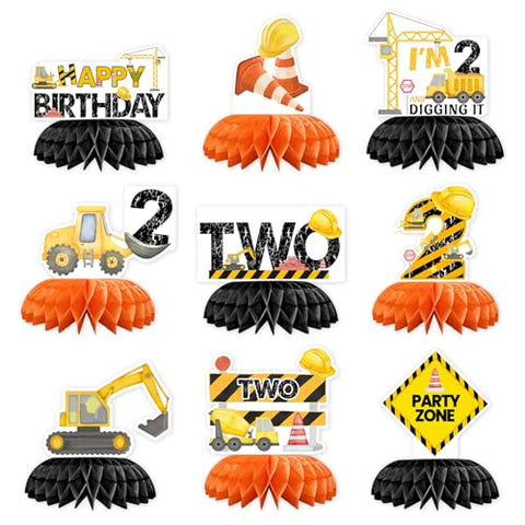 9 Pcs Construction 2nd Birthday Honeycomb Centerpieces - Grencian