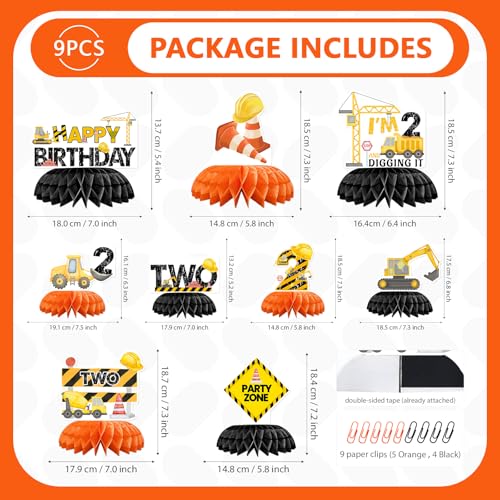 9 Pcs Construction 2nd Birthday Honeycomb Centerpieces - Grencian