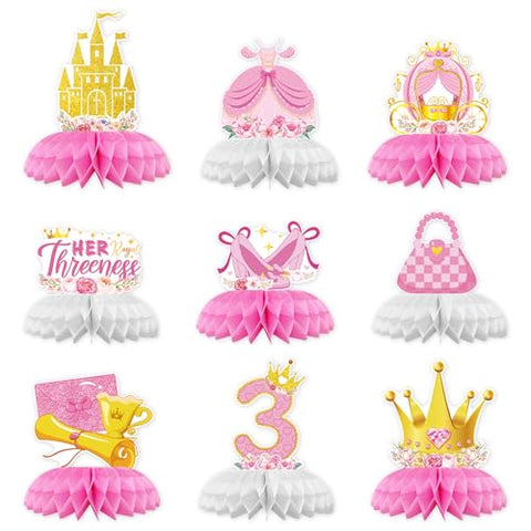 9 Pcs Princess 3rd Birthday Honeycomb Centerpieces - Grencian