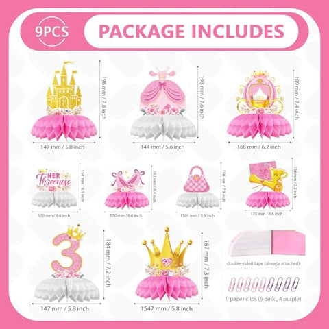 9 Pcs Princess 3rd Birthday Honeycomb Centerpieces - Grencian