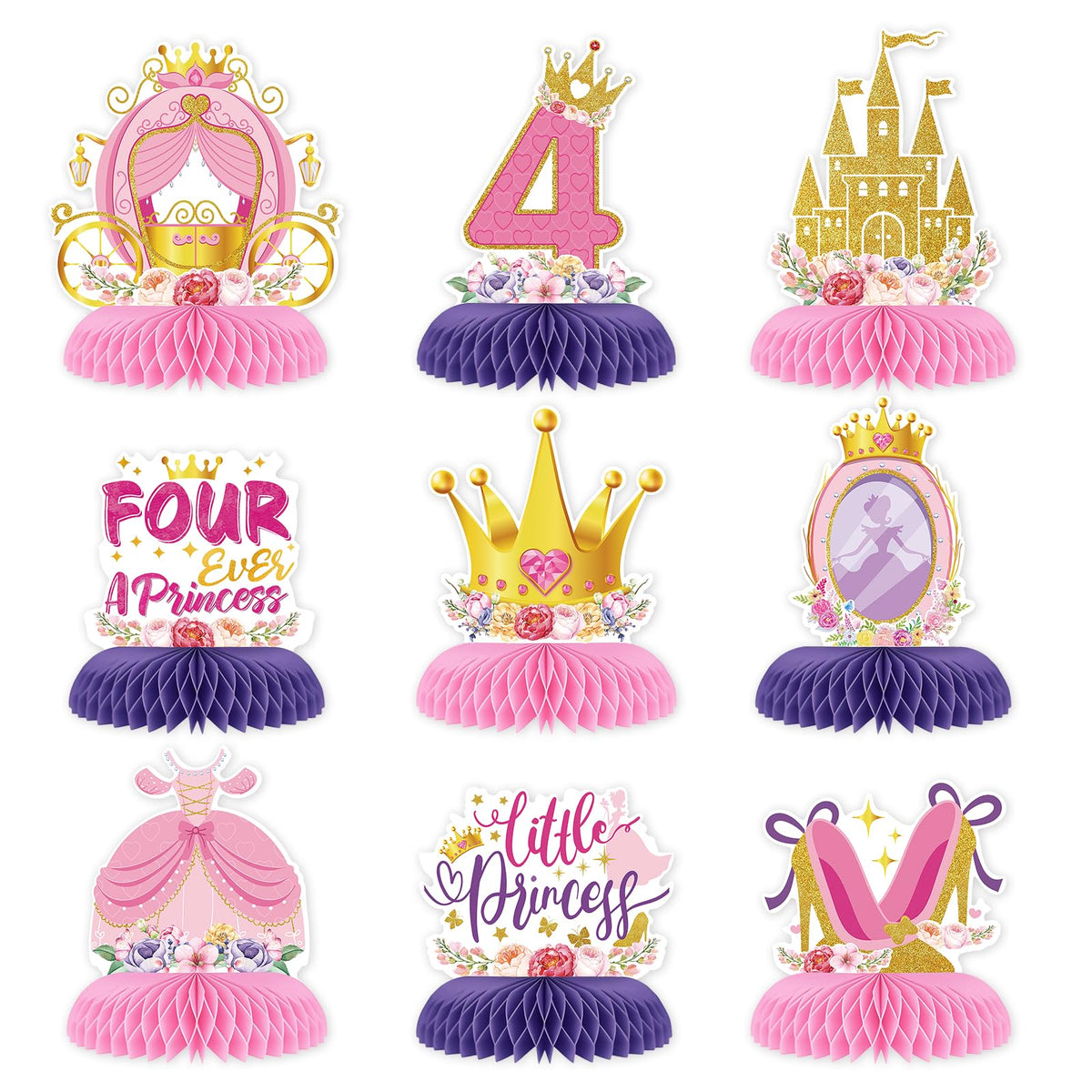 9 Pcs Princess 4th Birthday Honeycomb Centerpieces - Grencian