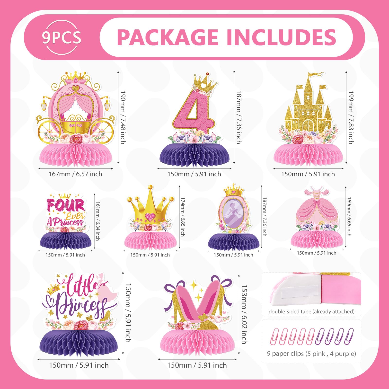 9 Pcs Princess 4th Birthday Honeycomb Centerpieces - Grencian