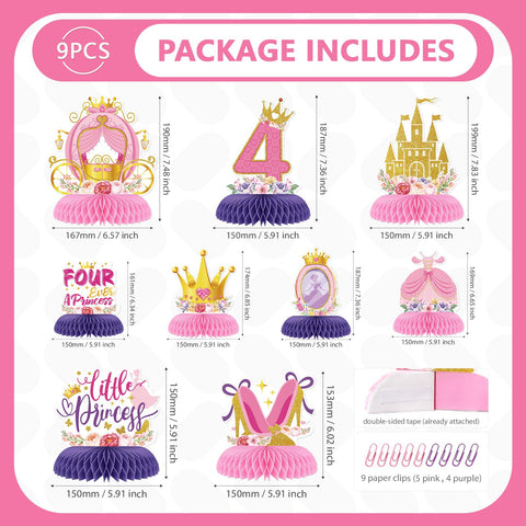 9 Pcs Princess 4th Birthday Honeycomb Centerpieces - Grencian