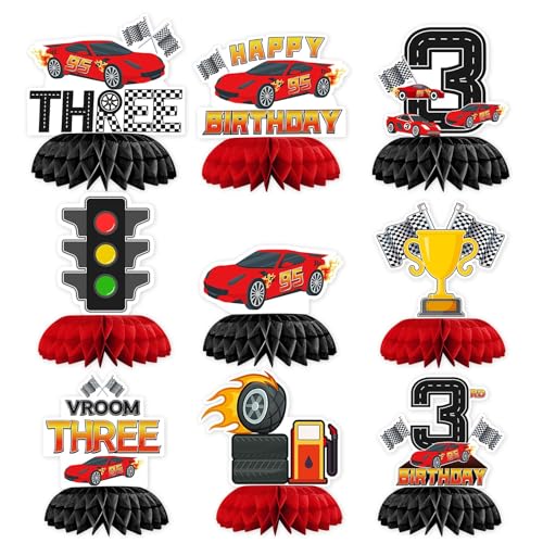 9 Pcs Race Car 3rd Birthday Honeycomb Centerpieces - Grencian