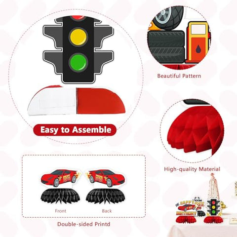 9 Pcs Race Car 3rd Birthday Honeycomb Centerpieces - Grencian