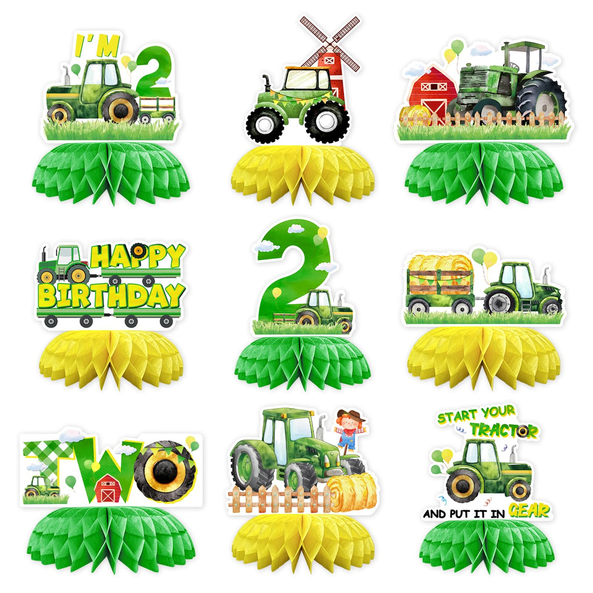 9 Pcs Tractor 2nd Birthday Honeycomb Centerpieces