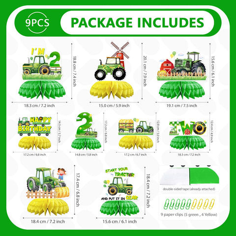 9 Pcs Tractor 2nd Birthday Honeycomb Centerpieces