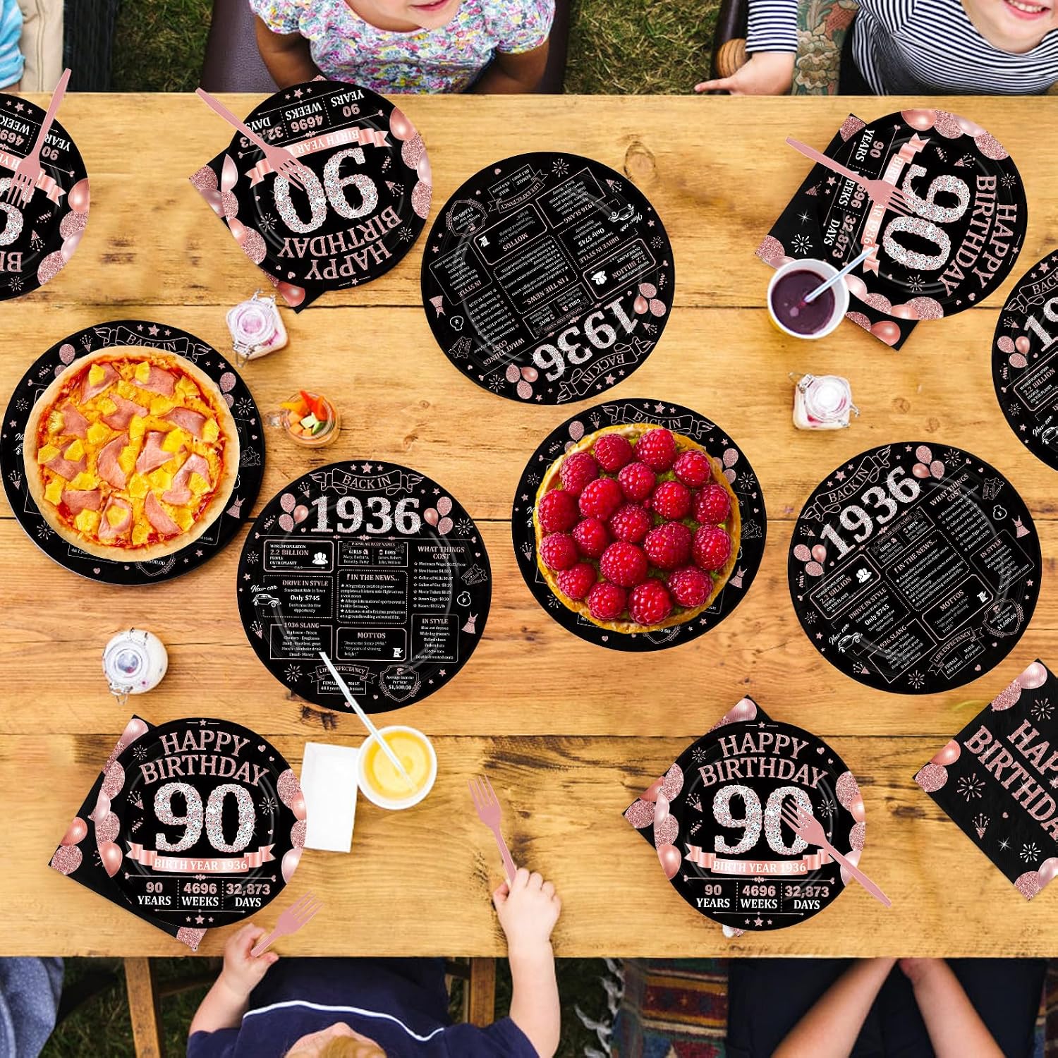 90th Birthday Rose Gold Black Party Plates and Napkins Set - 168 Pcs Serves 24 - Grencian