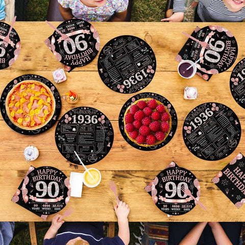 90th Birthday Rose Gold Black Party Plates and Napkins Set - 168 Pcs Serves 24 - Grencian
