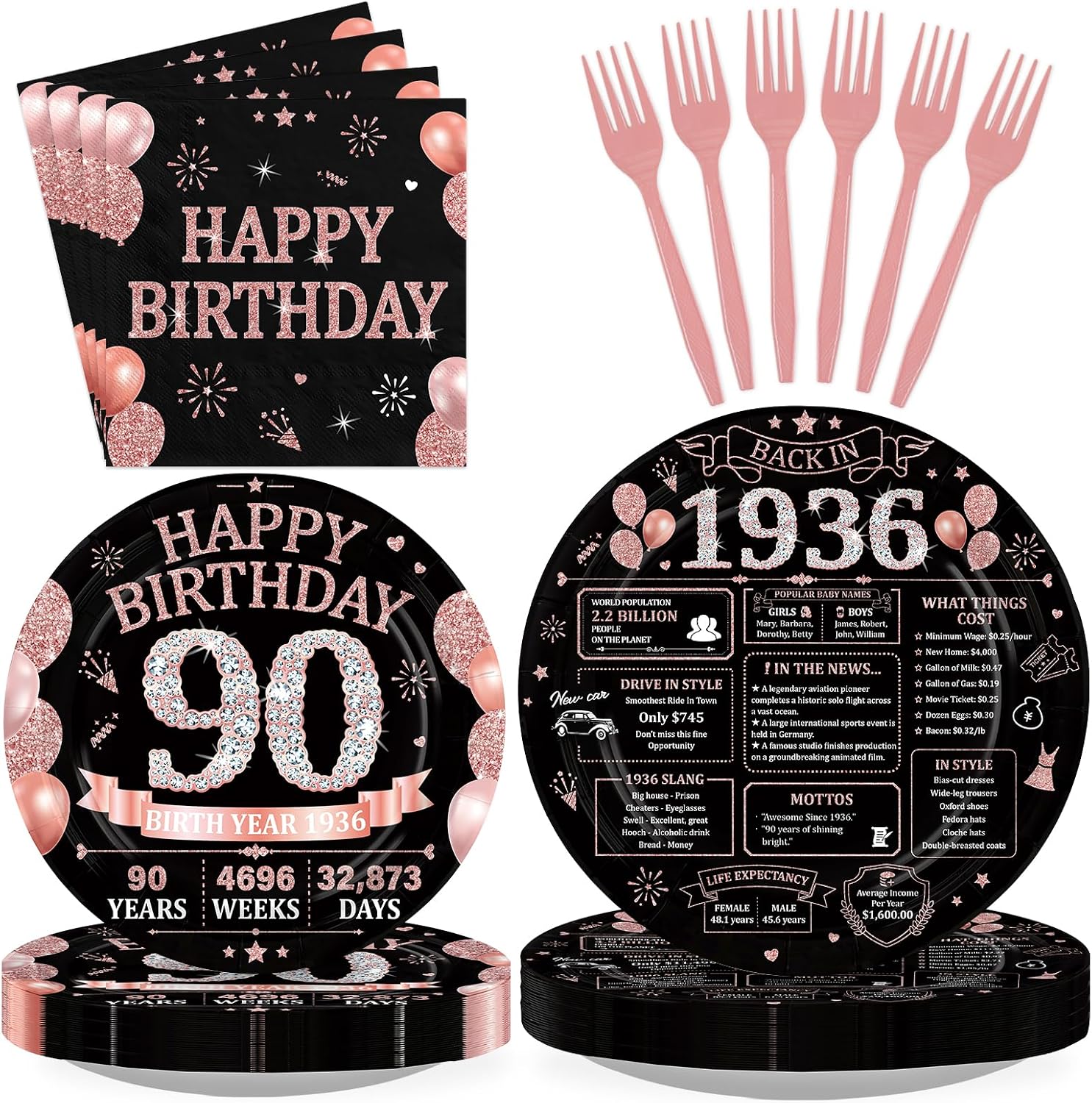 90th Birthday Rose Gold Black Party Plates and Napkins Set - 168 Pcs Serves 24 - Grencian