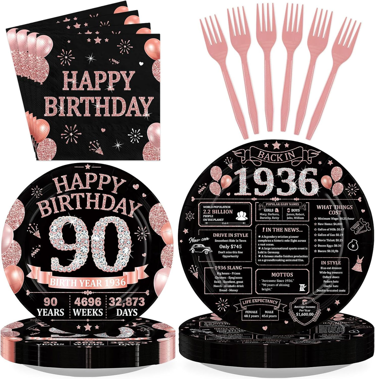 90th Birthday Rose Gold Black Party Plates and Napkins Set - 168 Pcs Serves 24 - Grencian