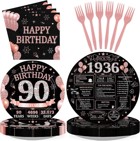 90th Birthday Rose Gold Black Party Plates and Napkins Set - 168 Pcs Serves 24 - Grencian