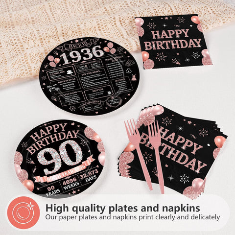 90th Birthday Rose Gold Black Party Plates and Napkins Set - 168 Pcs Serves 24 - Grencian
