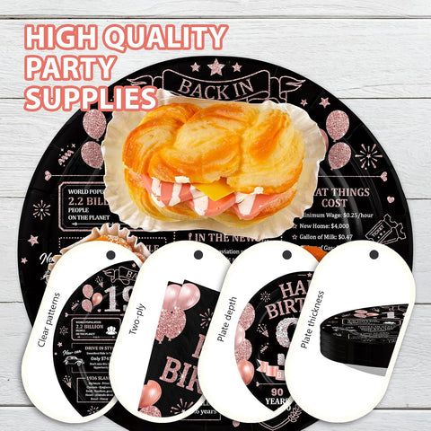 90th Birthday Rose Gold Black Party Plates and Napkins Set - 168 Pcs Serves 24 - Grencian