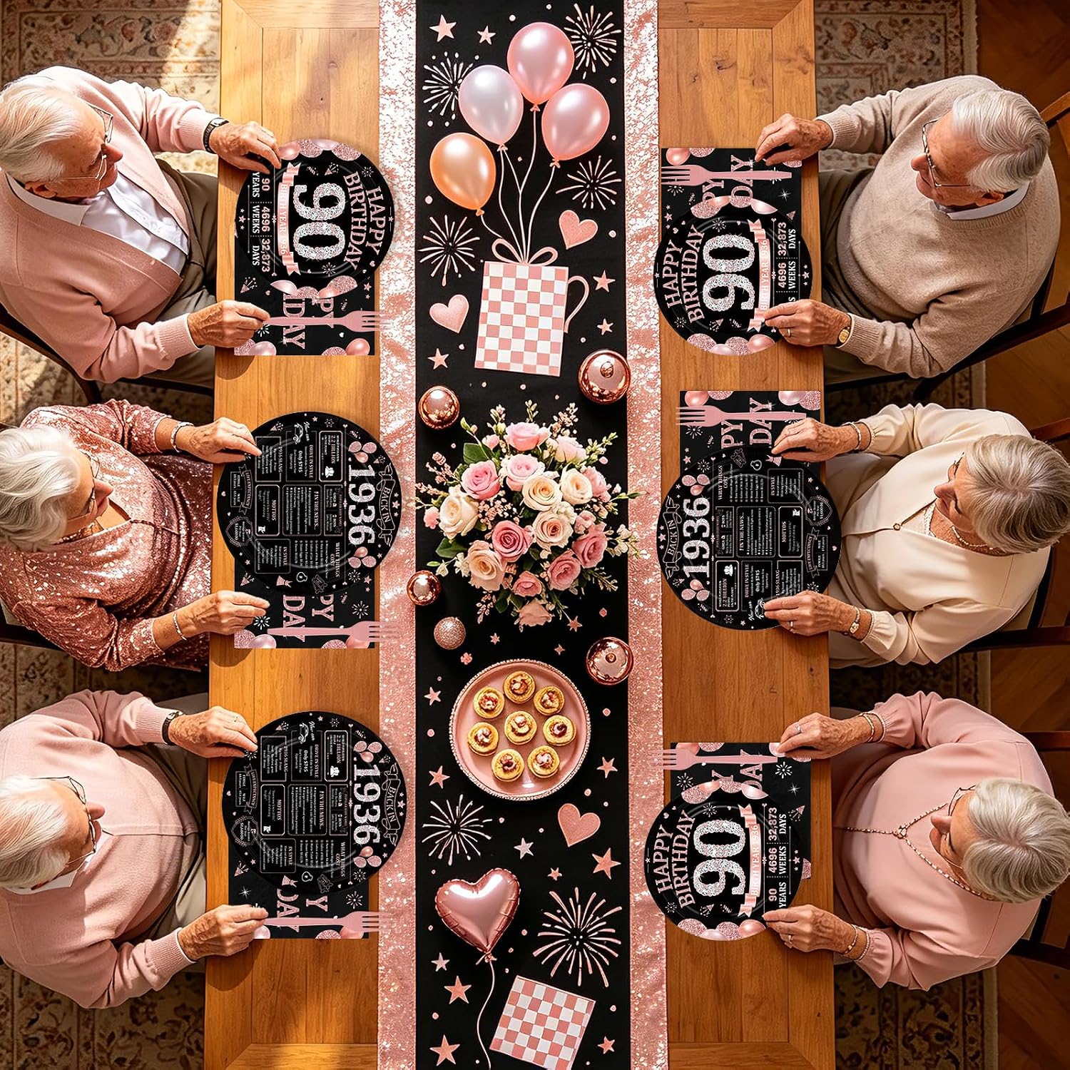 90th Birthday Rose Gold Black Party Plates and Napkins Set - 168 Pcs Serves 24 - Grencian