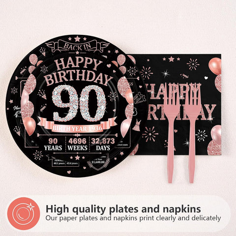90th Birthday Rose Gold Black Party Plates and Napkins Set - 168 Pcs Serves 24 - Grencian