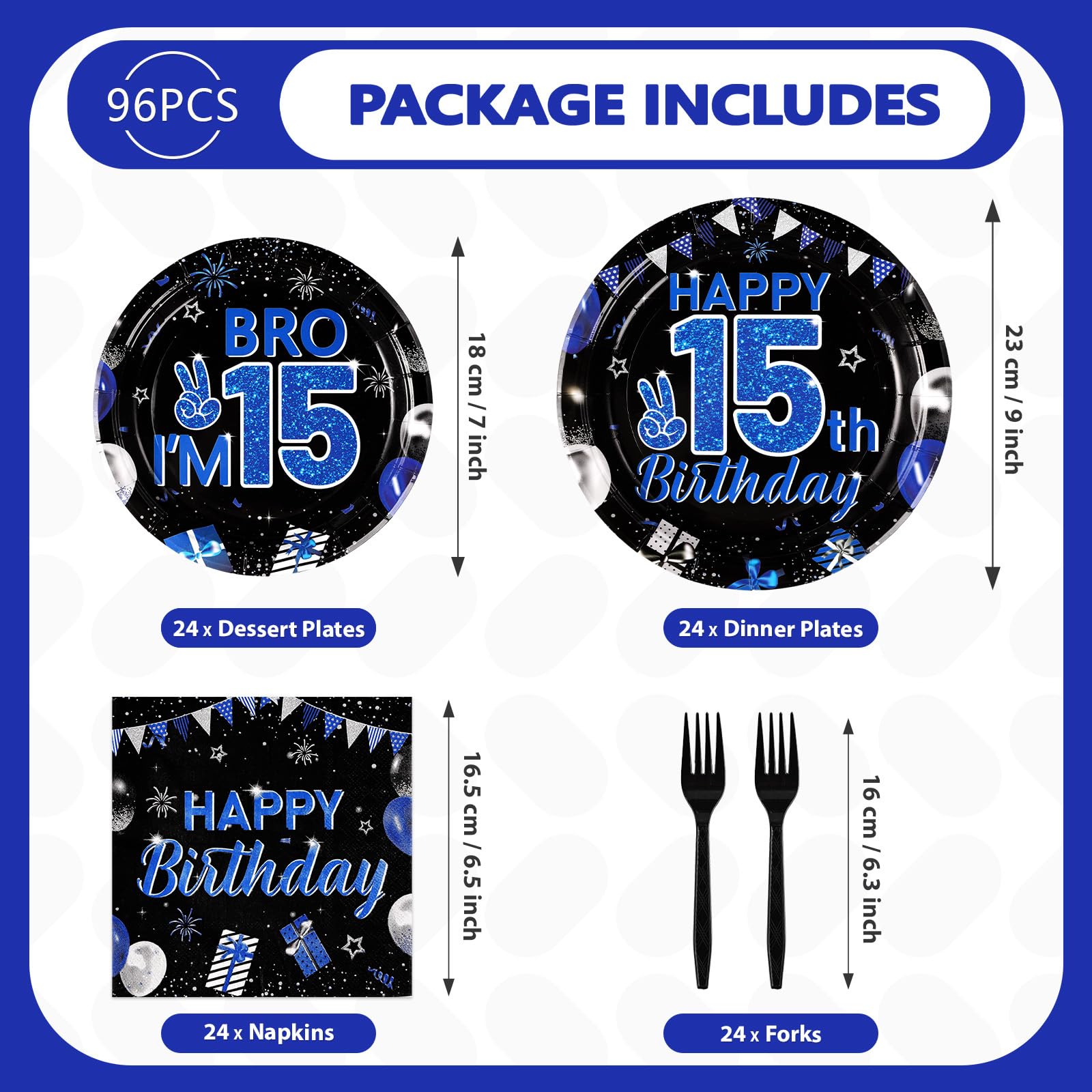 96 Pcs 15th Birthday Party Plates and Napkins - Grencian