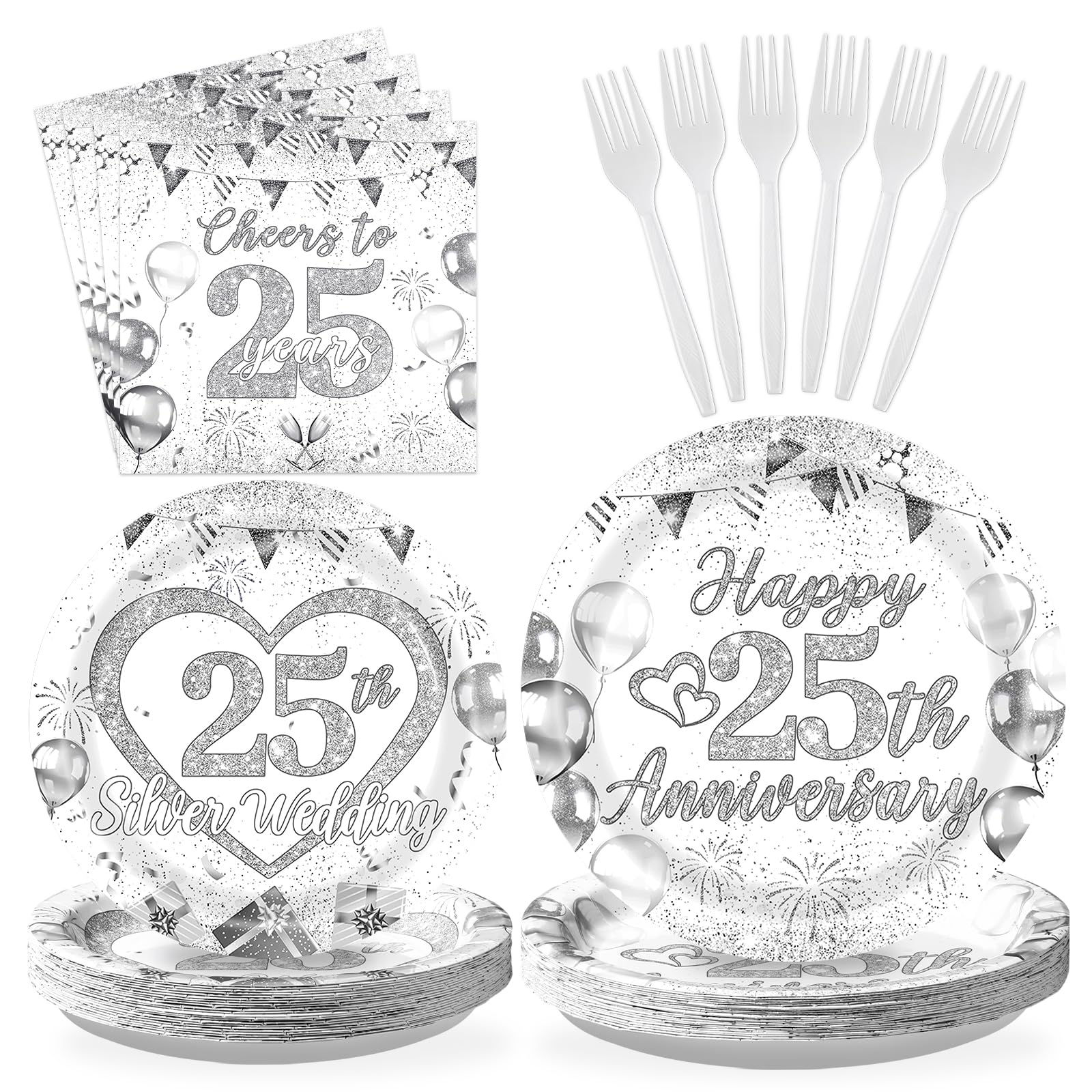96 Pcs 25th Wedding Anniversary Party Plates and Napkins - Grencian