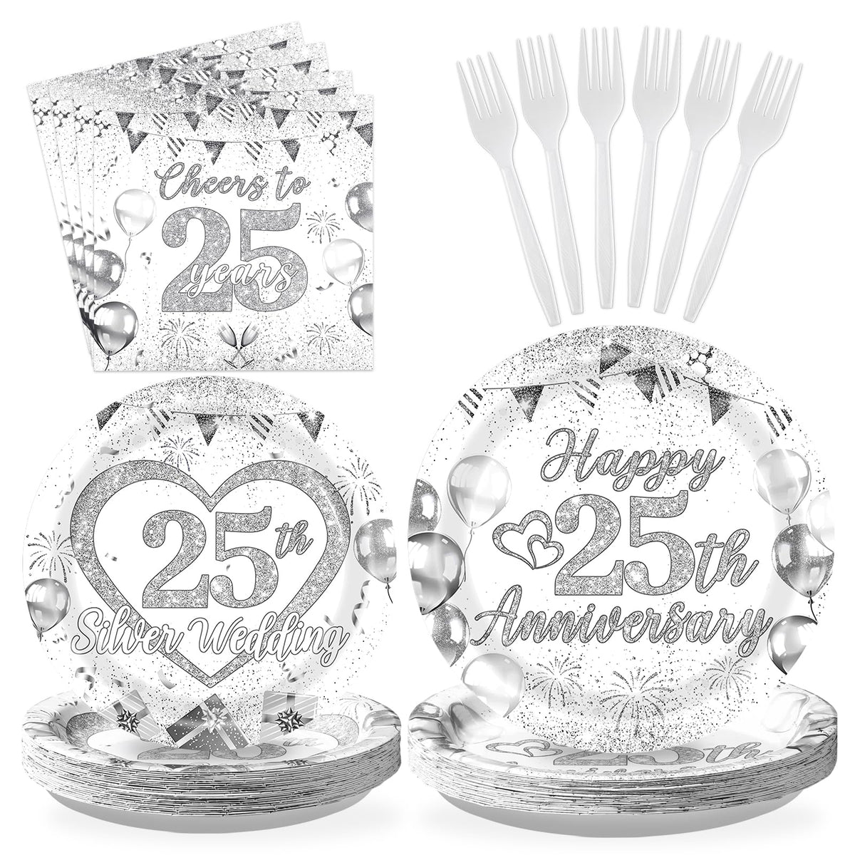96 Pcs 25th Wedding Anniversary Party Plates and Napkins - Grencian