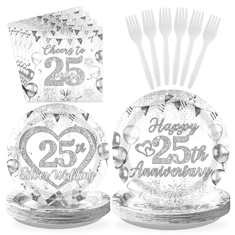 96 Pcs 25th Wedding Anniversary Party Plates and Napkins - Grencian