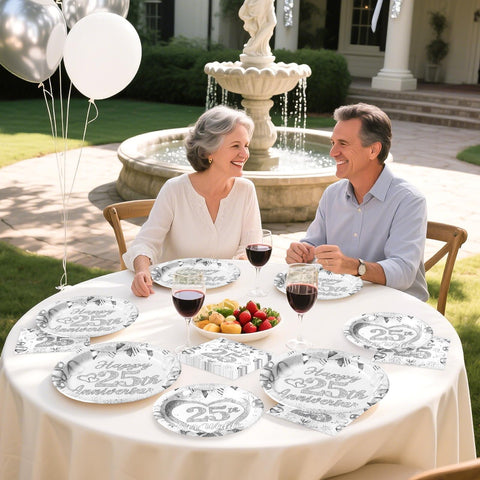 96 Pcs 25th Wedding Anniversary Party Plates and Napkins - Grencian