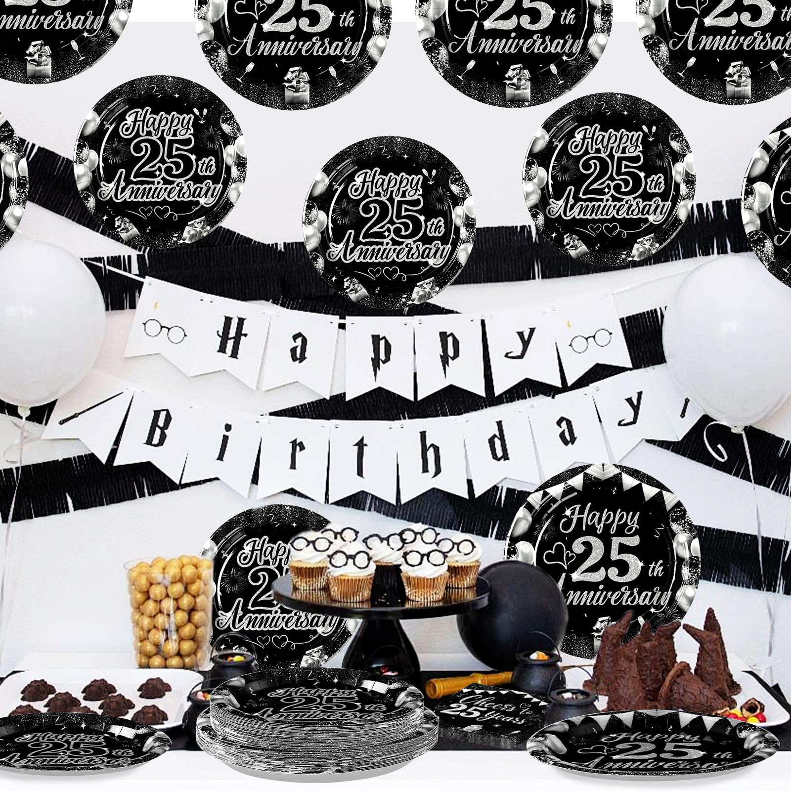 96 Pcs 25th Wedding Anniversary Party Plates and Napkins - Grencian