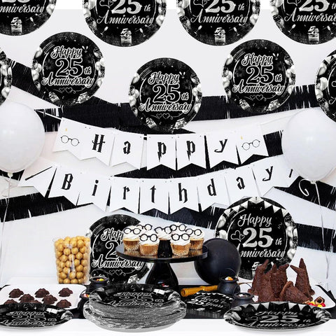96 Pcs 25th Wedding Anniversary Party Plates and Napkins - Grencian