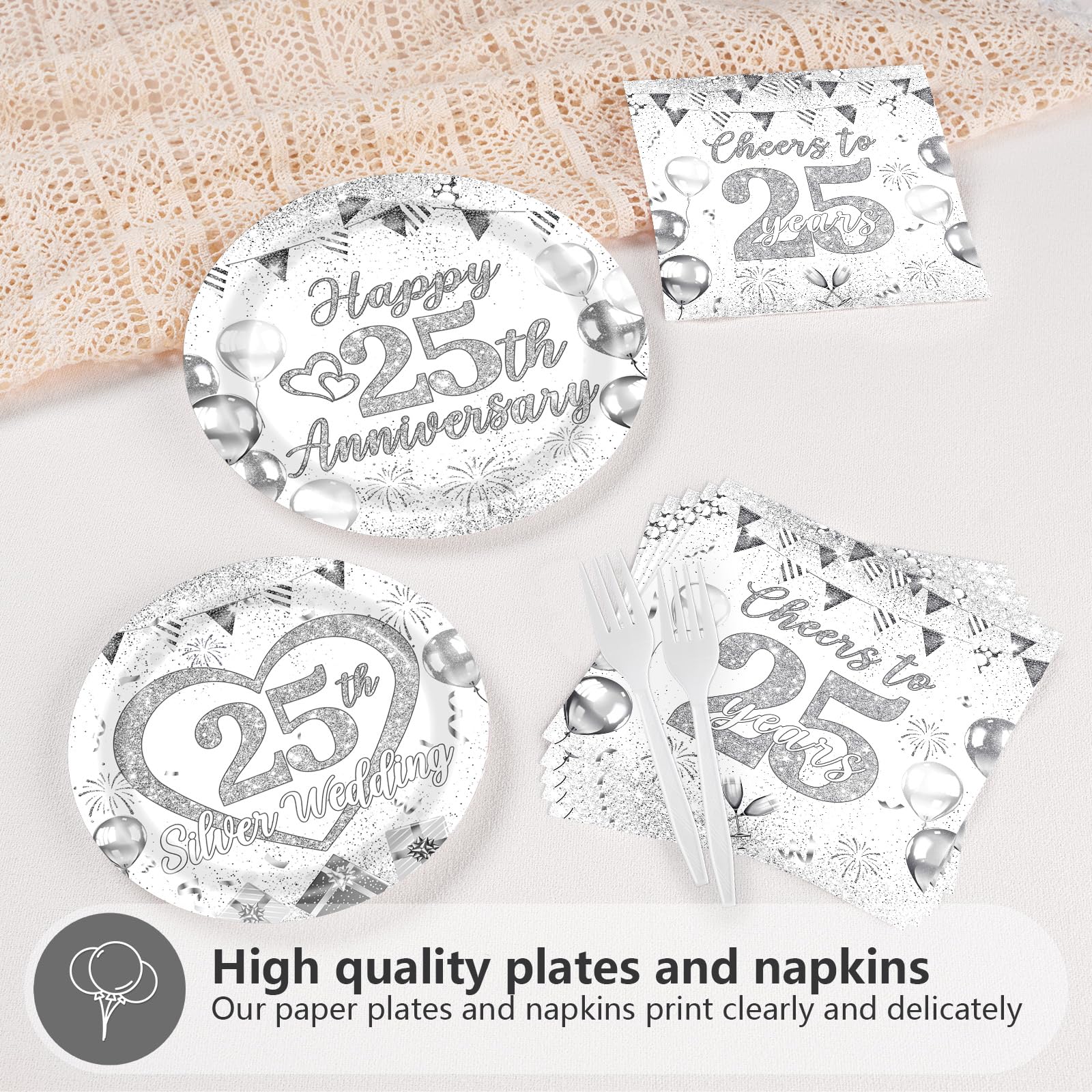 96 Pcs 25th Wedding Anniversary Party Plates and Napkins - Grencian