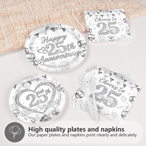 96 Pcs 25th Wedding Anniversary Party Plates and Napkins - Grencian