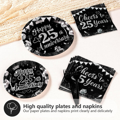 96 Pcs 25th Wedding Anniversary Party Plates and Napkins - Grencian
