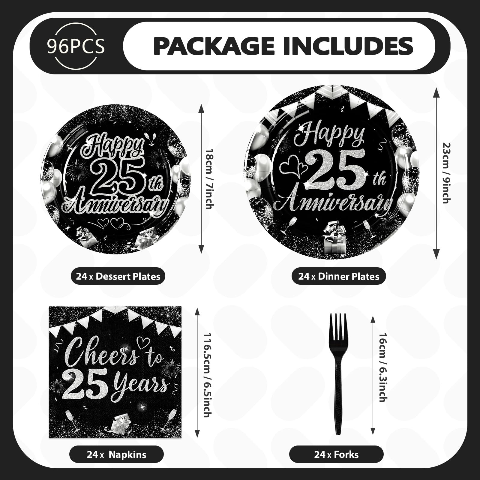 96 Pcs 25th Wedding Anniversary Party Plates and Napkins - Grencian