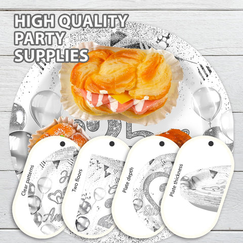 96 Pcs 25th Wedding Anniversary Party Plates and Napkins - Grencian
