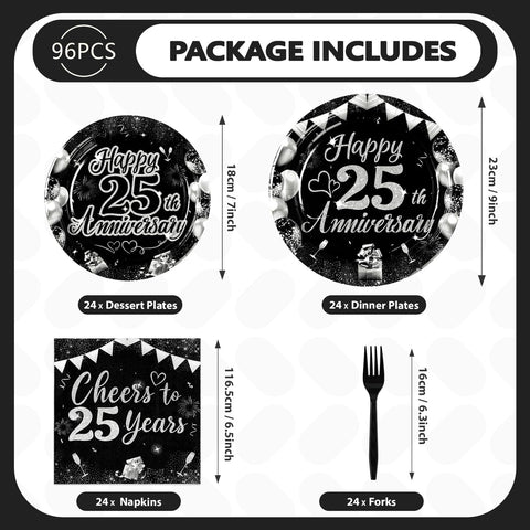 96 Pcs 25th Wedding Anniversary Party Plates and Napkins - Grencian