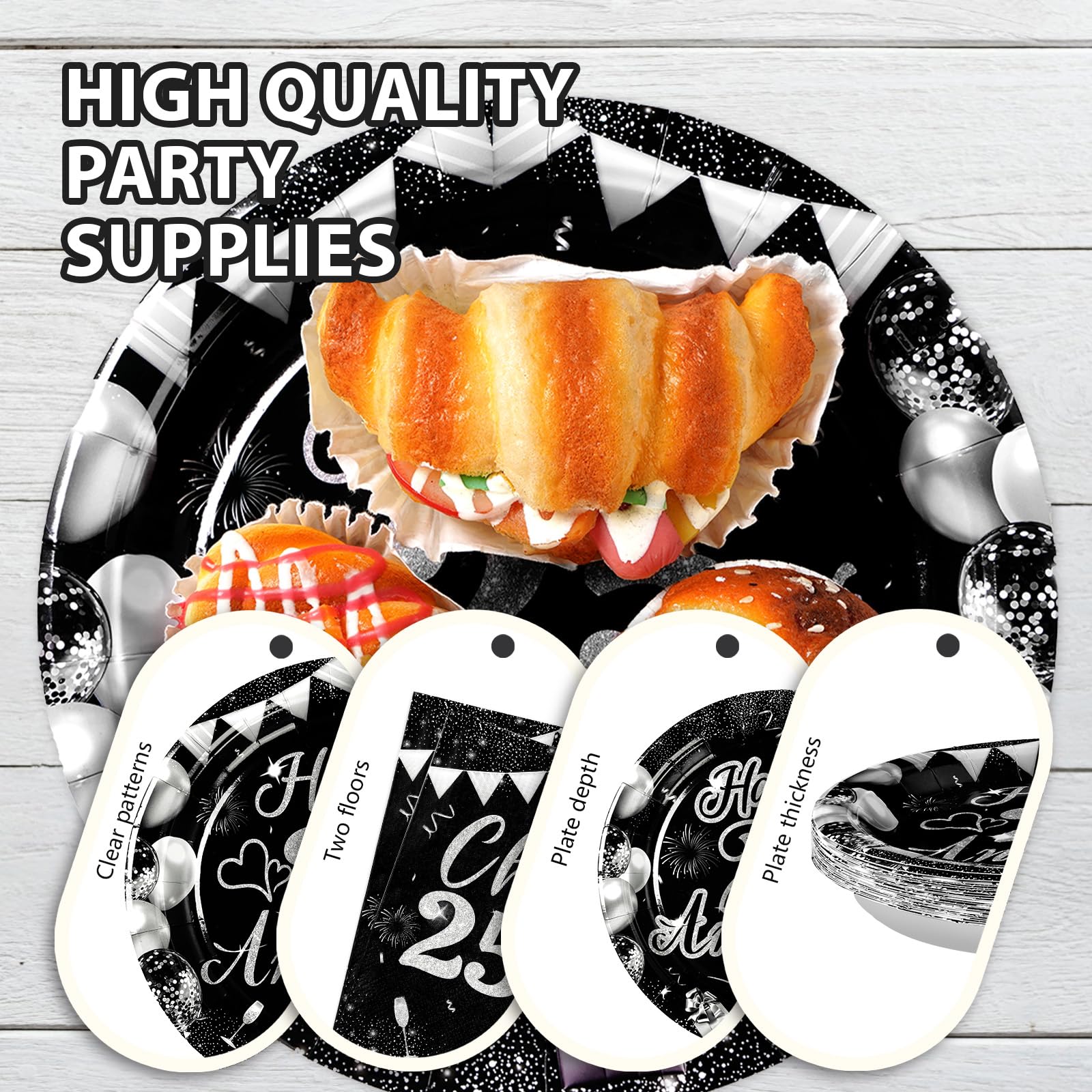 96 Pcs 25th Wedding Anniversary Party Plates and Napkins - Grencian