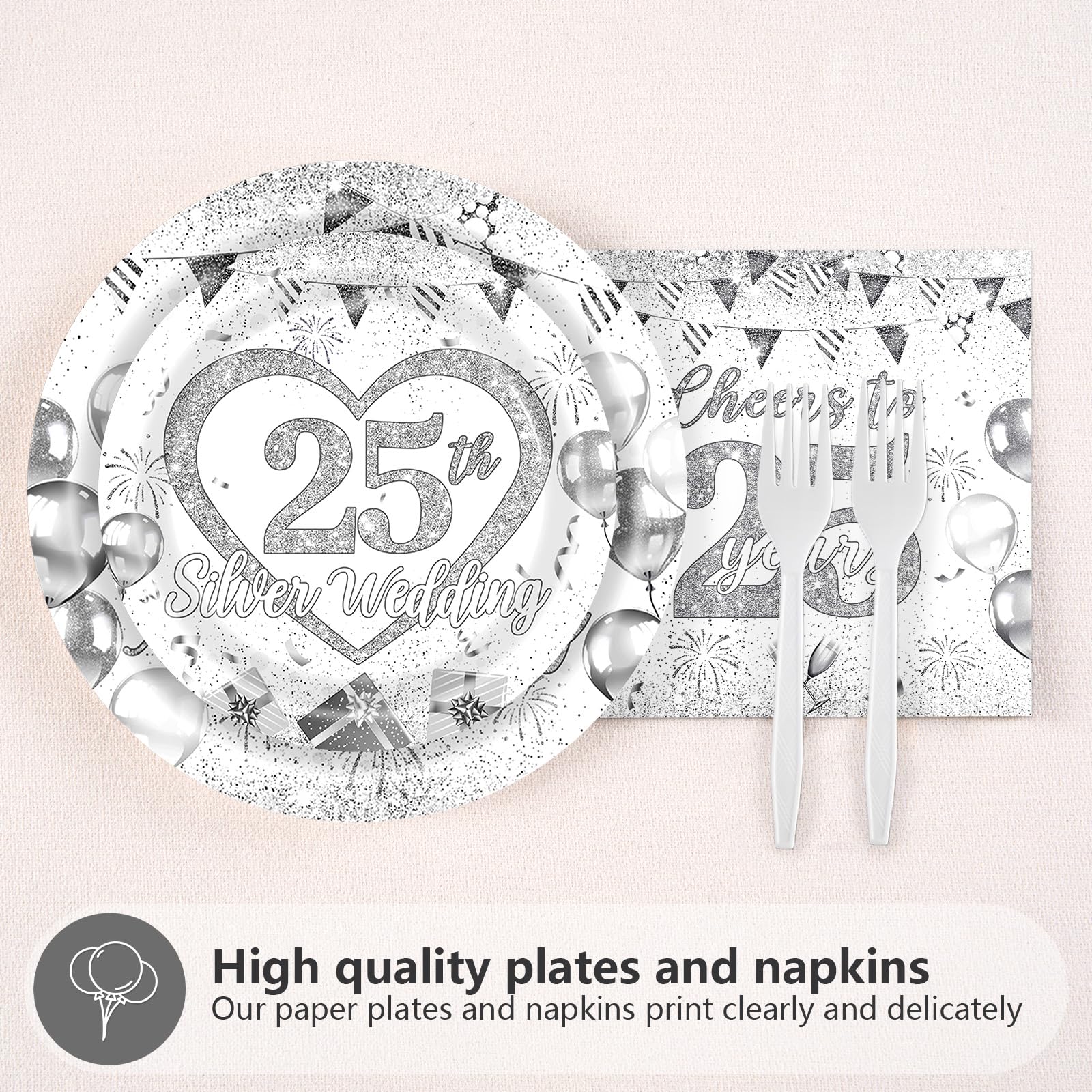 96 Pcs 25th Wedding Anniversary Party Plates and Napkins - Grencian