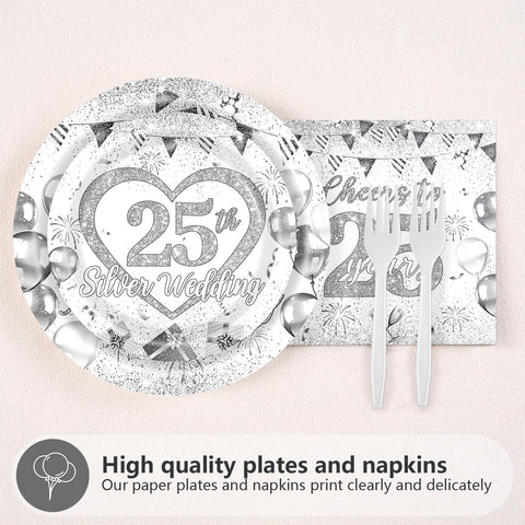 96 Pcs 25th Wedding Anniversary Party Plates and Napkins - Grencian