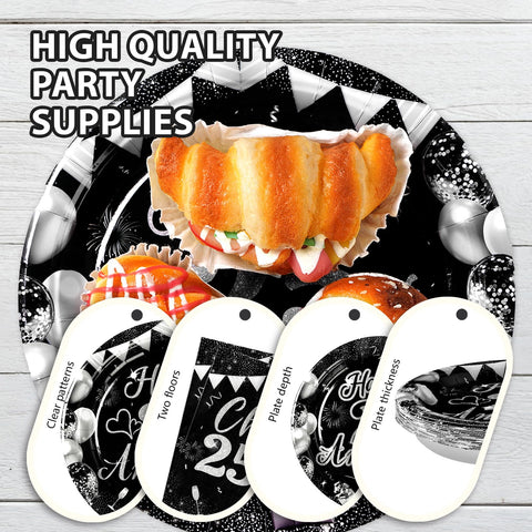 96 Pcs 25th Wedding Anniversary Party Plates and Napkins - Grencian