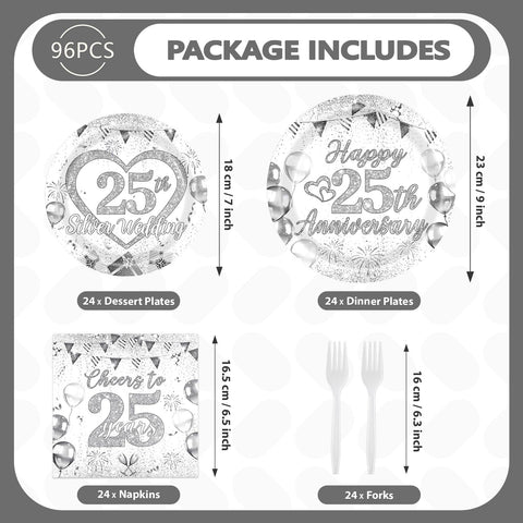 96 Pcs 25th Wedding Anniversary Party Plates and Napkins - Grencian