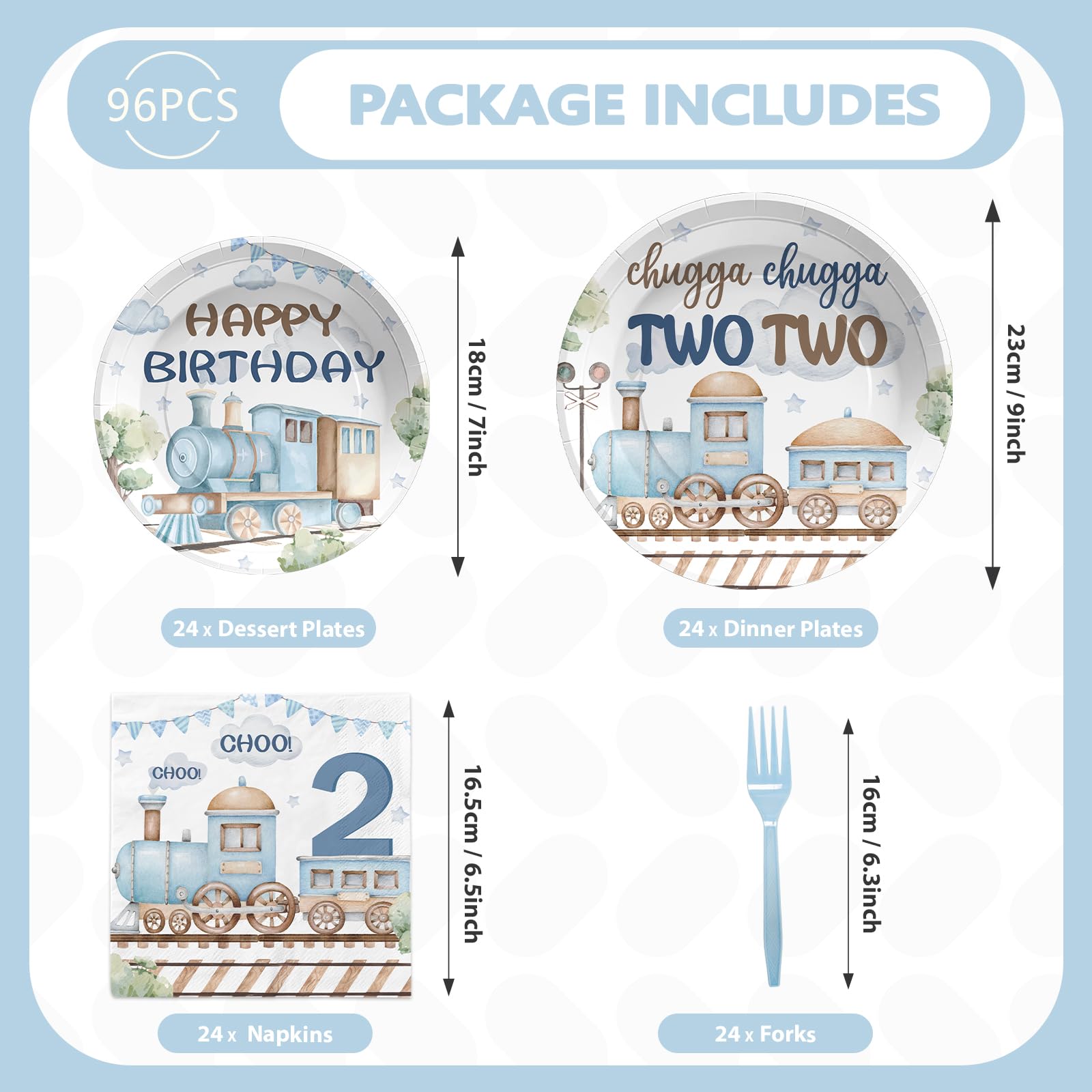96 Pcs 2nd Train Birthday Party Plates and Napkins - Grencian