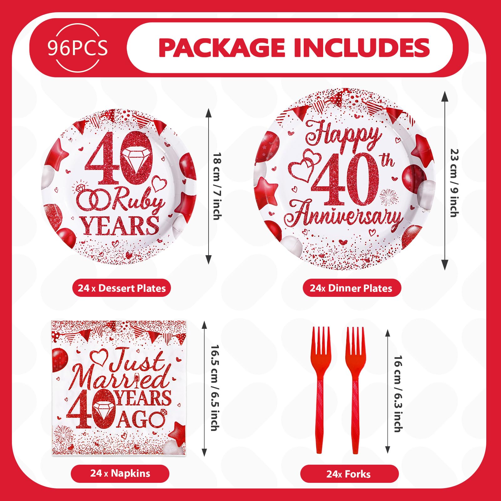 96 Pcs 40th Wedding Anniversary Party Plates and Napkins - Grencian